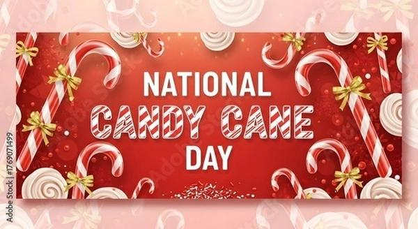 Obraz National candy cane day celebration with festive candy canes, swirls, and glitter on a red background, perfect for holiday and sweet treat themes