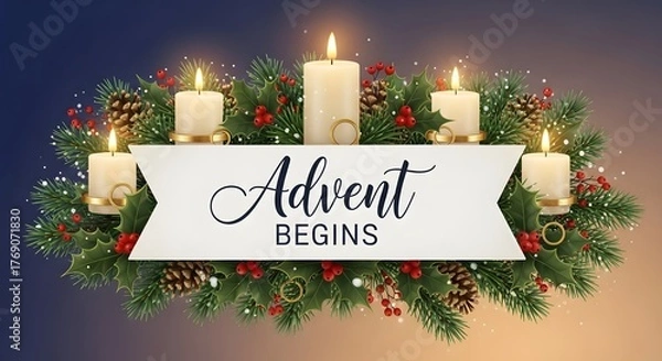 Obraz Advent begins banner with lit candles, pine branches, pinecones, and red berries, symbolizing the start of the advent season