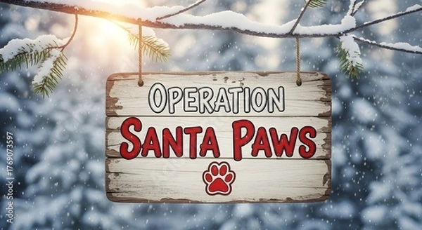 Obraz Operation santa paws sign hanging on a snowy branch in a winter forest setting
