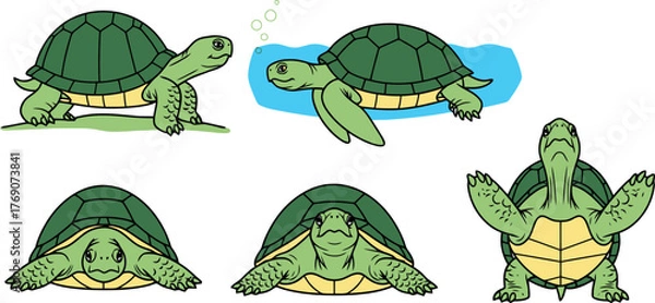 Fototapeta Cartoon Turtles in Various Poses and Environments.