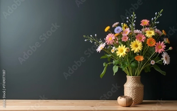 Fototapeta Teacher's day background. Black chalk board empty copy space and fresh wildflowers in vase. Holiday feminine poster.Spring greeting 8 march icon. High quality