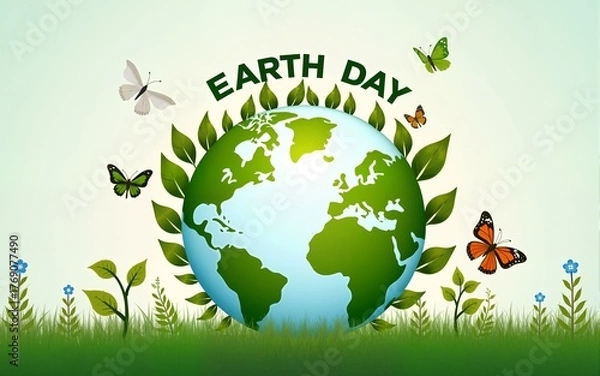 Fototapeta Earth Day 2025 Poster Background for Social Media and CSR with Earth, Plants, Butterflies, and Green Text. High quality
