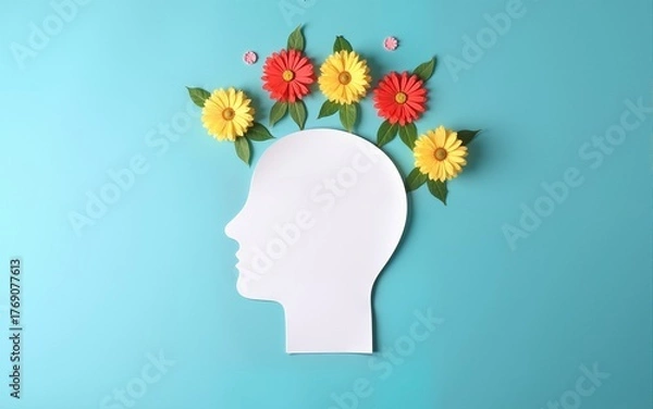 Fototapeta World mental health day concept. Paper human head symbol and flowers on blue background. High quality