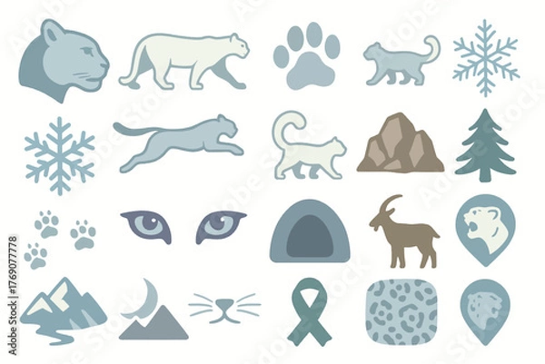 Fototapeta Snow Leopard Arctic Wildlife Icons with Mountains and Snowflakes