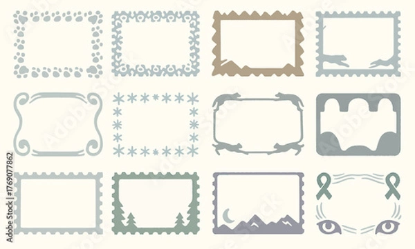 Fototapeta Set of Decorative Snow Leopard Inspired Frames with Wildlife and Mountain Themes