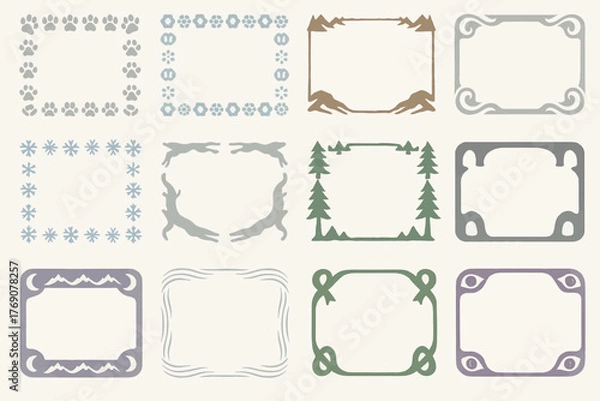 Fototapeta Set of Decorative Snow Leopard Inspired Frames with Wildlife and Mountain Themes