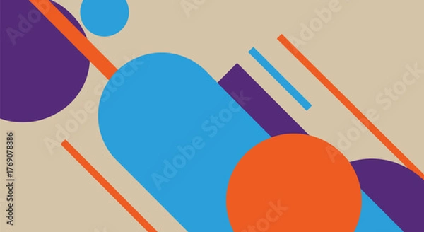 Fototapeta Abstract colorful geometric background with diagonal lines and shapes. Vibrant orange, blue, and purple circles on a beige backdrop.