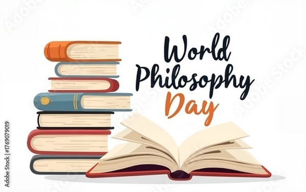 Fototapeta World Philosophy Day. Stack of books with open book and lettering on white background. vector illustration. High quality