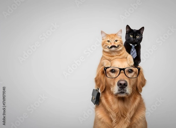 Obraz Business Dog with Eyeglasses and Two Cats: One with Mustache, One in Tie