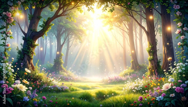Fototapeta 朝の木漏れ日に包まれた花咲く森。色とりどりの花と柔らかな光が織りなす幻想的な世界。自然の癒しや希望、生命の輝きを感じさせるファンタジー風景。