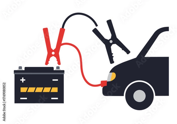 Fototapeta Jumper cables connecting car batteries for charging. Suitable for automotive, road assistance, vehicle repair, emergency, and stranded concepts.