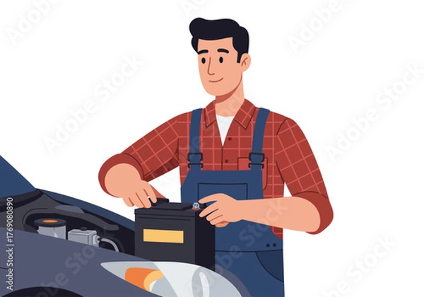 Fototapeta Mechanic working on car engine with battery. Suitable for automotive repair services, car maintenance, car workshop, mechanic service advertisements.