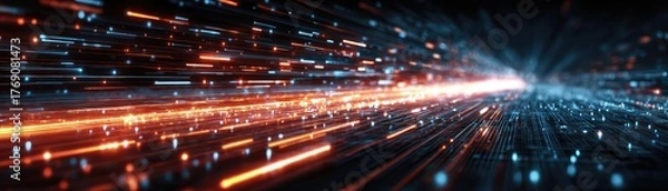 Fototapeta Bits of data in high speed transfer background concept. Dynamic light trails create a sense of speed and motion.