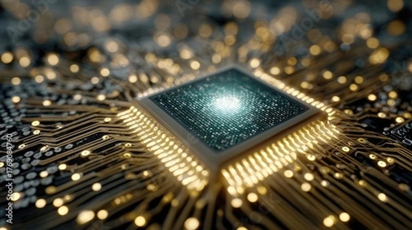 Fototapeta 6G chip on circuit board frontier in mobile tech concept. Close-up of a detailed microchip with intricate circuitry.