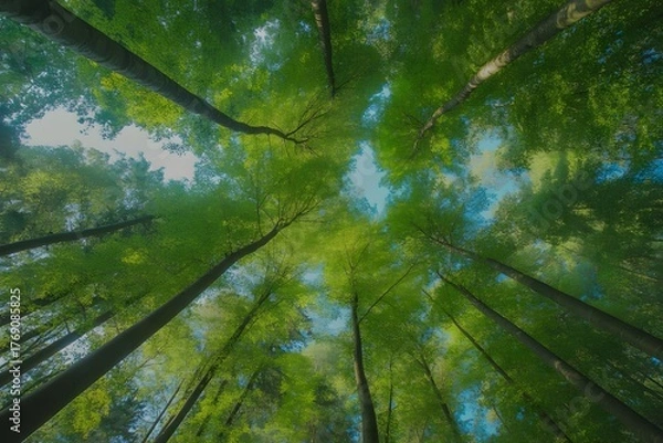 Fototapeta Looking up through a dense canopy of vibrant green deciduous trees in a lush forest with sunlight filtering through the leaves creating a dappled effect on a clear day