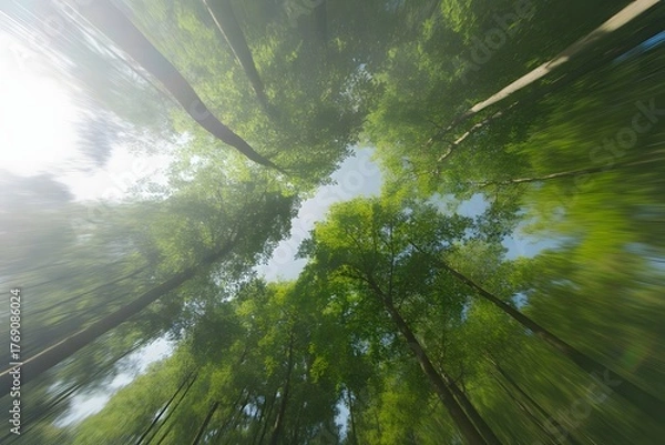 Fototapeta Looking up through a dense canopy of vibrant green trees towards a bright blue sky with sun flares creating a magical forest atmosphere