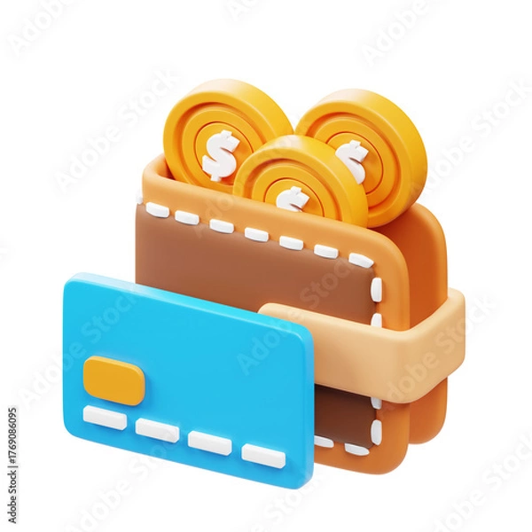 Fototapeta Modern 3D Rendered Wallet with Card and Coin Stack Financial Element
