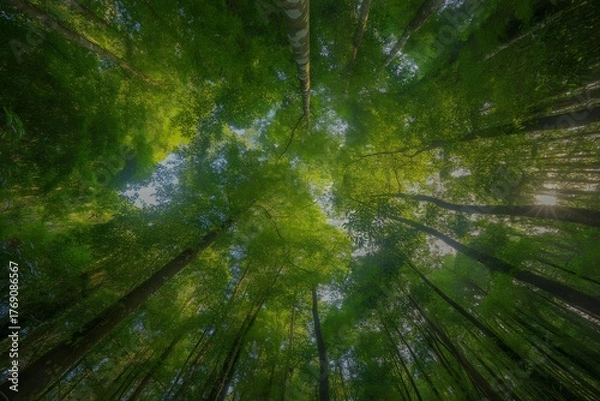Fototapeta Looking up through a dense canopy of lush green trees in a vibrant forest with sunlight filtering through the leaves creating a dappled effect