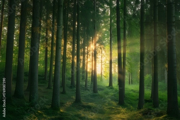 Fototapeta Sunlight streams through tall dense evergreen trees in a dark mystical forest creating a magical ethereal atmosphere with dappled light on the forest floor