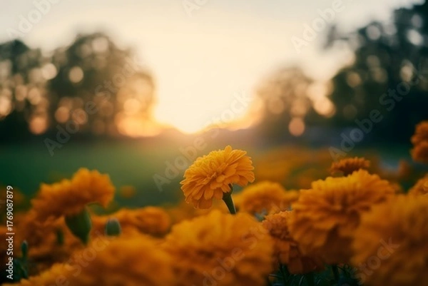 Fototapeta Golden hour sunlight illuminates a field of vibrant orange marigolds creating a warm and serene natural landscape with soft bokeh