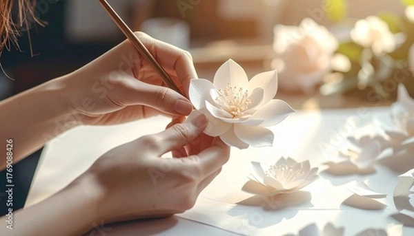 Obraz Elegant Paper Flower Design Workshop with Crafting Tools and Gentle Lighting — Perfect depiction of creativity and craftsmanship in handmade floral decoration and art projects.