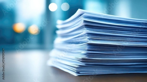 Fototapeta Detailed view of neatly stacked official papers concept. Close-up of a stack of paperwork highlighting office organization.