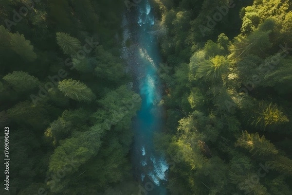 Fototapeta Serene aerial view of a winding turquoise river flowing through a lush green forest canopy on a sunny day
