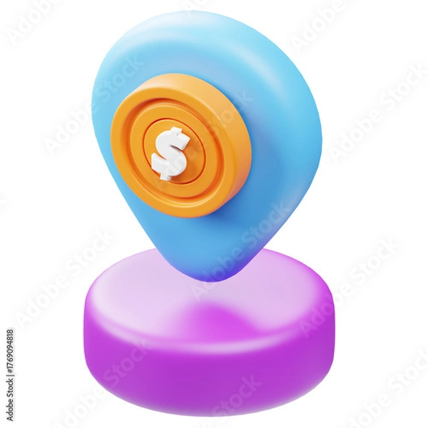 Fototapeta Cartoonish 3D Location Pin with Dollar Coin Payment Element Illustration