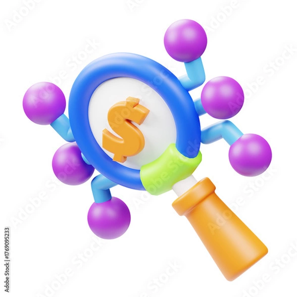 Fototapeta Playful 3D Dollar Sign Magnifying Glass with Connected Nodes Illustration