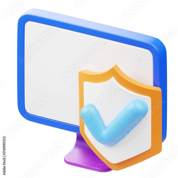 Fototapeta Modern 3D Computer Security Shield with Check Mark Illustration