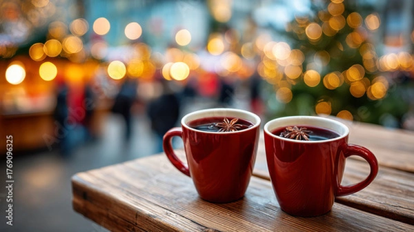 Obraz Two red mugs of mulled wine on wooden table with Christmas market on background