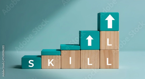 Fototapeta Skill Development & Growth: Staircase of Wooden Blocks Spelling SKILL