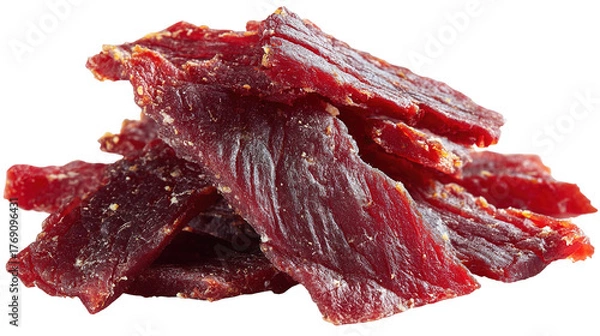 Obraz Hand-Painted Beef Jerky Strips: Savory Dried Meat Snacks On White Background