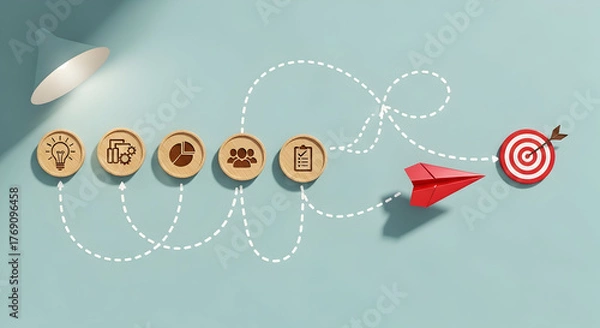 Fototapeta Goal Setting & Strategic Planning: Paper Airplane to Target with Icon Path