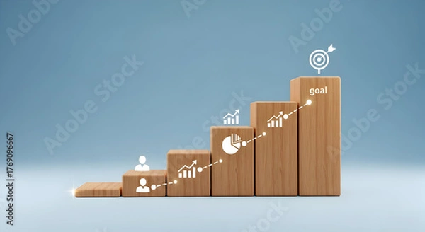 Fototapeta Growth & Success: Rising Bar Chart on Wooden Blocks with Target