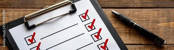 Fototapeta Clipboard with rules checklist and red checkmarks concept. A checklist on a clipboard with checked items and a pen.