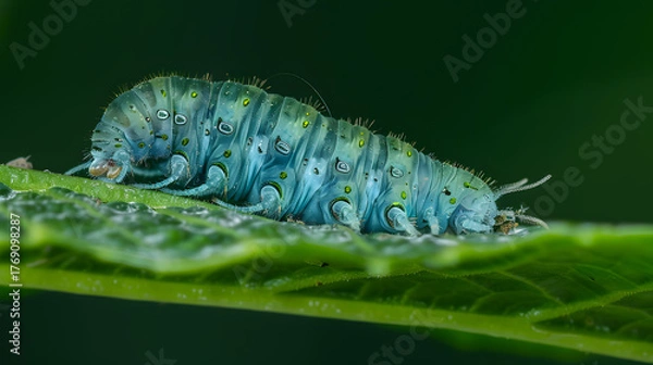 Obraz Blue caterpillar on green leaf