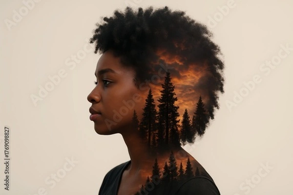 Fototapeta Surreal double exposure of a young woman with afro hairstyle blending into a dramatic forest sunset scene in profile view on beige background. Ai generative