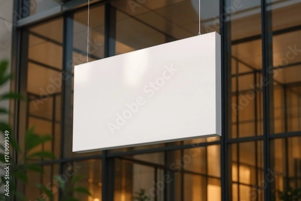 Fototapeta Hanging blank rectangular signage mockup in modern glass building with warm lighting in background for branding or advertisement template concept. Ai generative