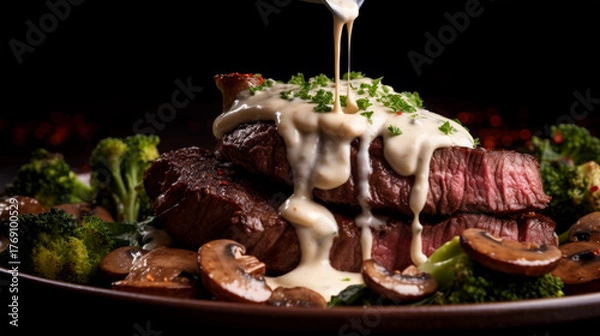 Fototapeta Beef steak with creamy mushroom sauce
