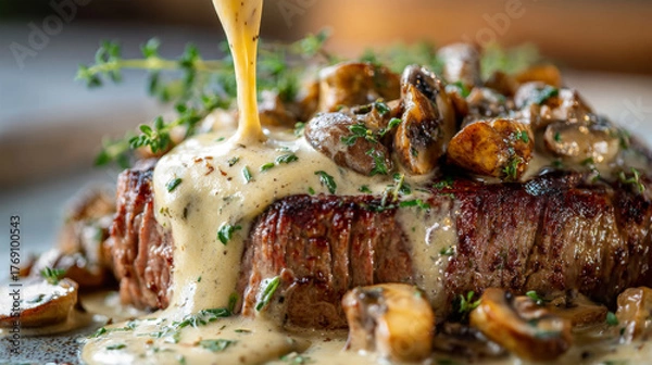 Obraz Beef steak with creamy mushroom sauce