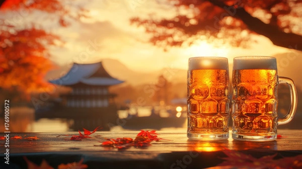 Obraz Two beers with autumn leaves and Japanese temple