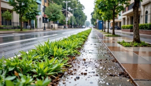 Fototapeta Wet street lined with greenery after rain, showcasing urban tranquility.