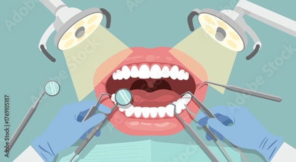 Obraz Dental checkup scene with open mouth and dentist tools in clinic