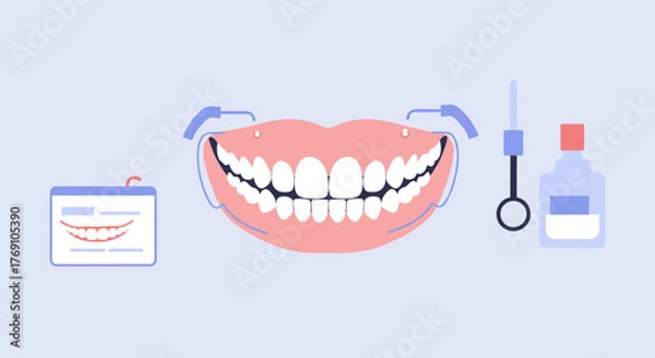 Obraz Dental care elements with cartoon tooth brushing tools and smiling mouth in flat style