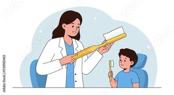 Obraz Dentist teaching child proper toothbrushing technique with large demonstration brush