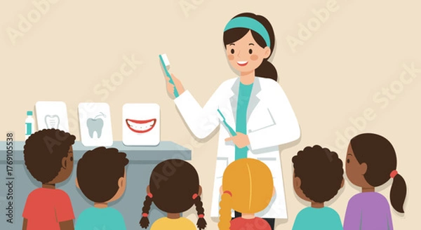 Obraz Dentist teaching children's oral health in flat style classroom setting