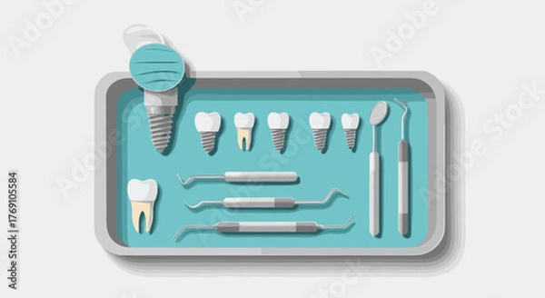 Obraz Dental tools and implants on tray with realistic style for dental care concepts