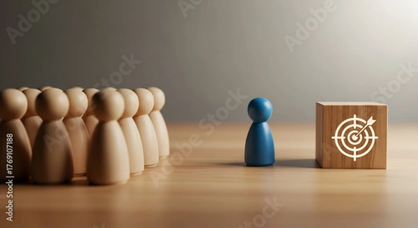 Obraz Strategy & Leadership: Blue Pawn Facing Pawns Toward Target Block
