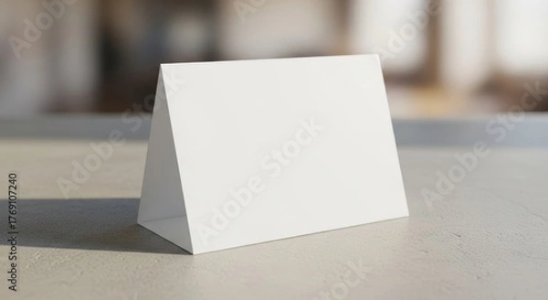 Obraz Blank triangular table tent on smooth surface in bright sunlit room